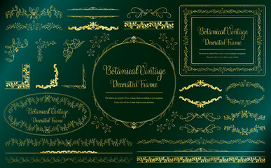 豪華なボタニカルビンテージフレームと飾り罫_ゴールド