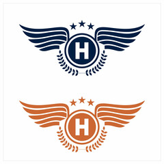 H initials logo in badge star wing shape illustration