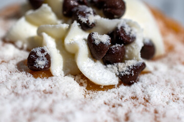 Close up of cream with chocolate chips on top 