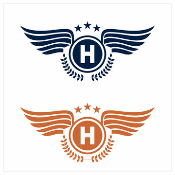H initials logo in badge star wing shape illustration