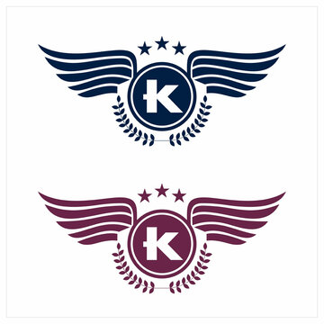 K initials logo in badge star wing shape illustration