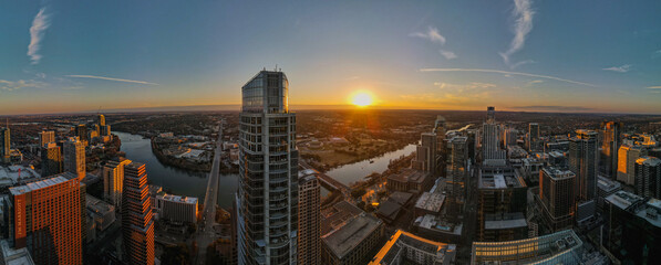 The Austonian at Sunset: 180 Degree Aerial Panorama