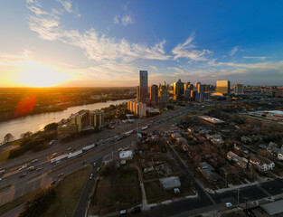 Downtown Austin from the East at Sunset: Wide Angle Aerial Panorama
