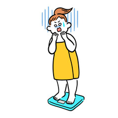 体重計に乗ってショックを受けている太り気味の女性