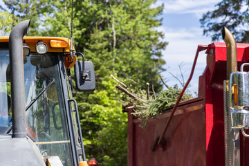Selective focus shot on the front exhaust and windshield of an excavator, blurry dumper lorry is seen filled with tree branches. Clear up after storm. © Valmedia