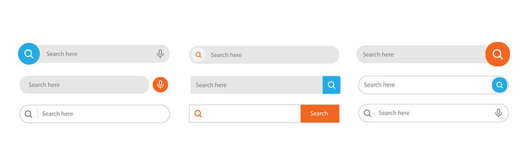 Search bar. Web UI elements for browsers with text field and search button, mobile application graphic elements collection. - obrazy, fototapety, plakaty
