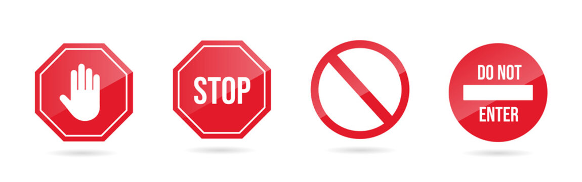 Set stop red sign icon with white hand, do not enter. Warning stop sign