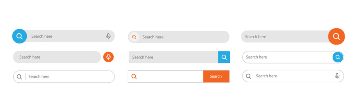 Search bar. Web UI elements for browsers with text field and search button, mobile application graphic elements collection.