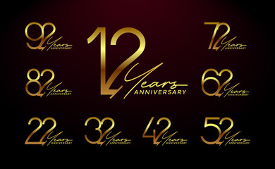 set of anniversary premium gold color on red background for celebration moment