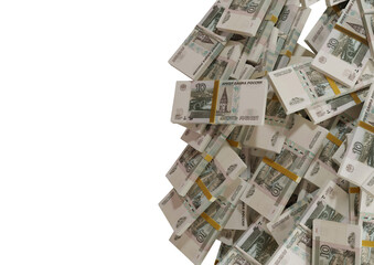 Stack Russian cash or banknotes of Rusia rubles scattered on a white background isolated The concept of Economic, Finance, Background, news, social media and texture of money 3d Rendering 10 Ruble