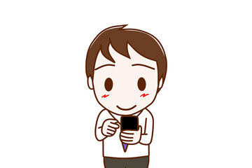 （上半身正面）スマホの画面を見て操作し、笑顔になる男性