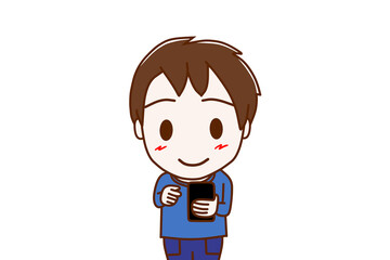 （上半身正面）スマホの画面を見て操作し、笑顔になる少年