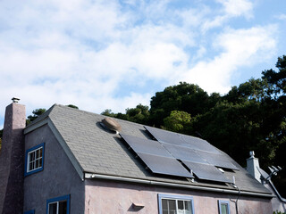 Group of Solar panel on the roof of old classic house