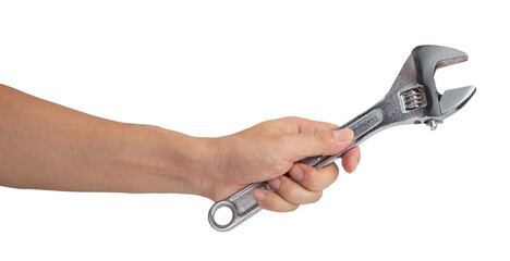 Man hand holding a spanner isolated on a white background