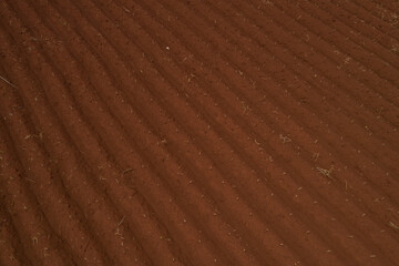 Aerial view ; Rows of soil before planting.Sugar cane farm pattern in a plowed field prepared for background