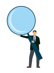 巨大な拡大鏡、虫眼鏡を持ったアジア系男性のイラスト。検索、調査、審査のイメージイラスト　白背景