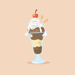 Delicious chocolate and cherry ice cream in a cup on a brown background.