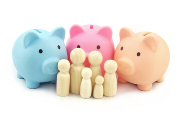 Piggy banks with family people figures. People and financial funds and savings concept. 