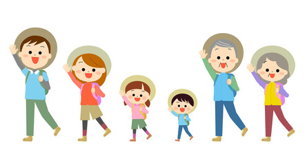 元気にハイキングへ行く家族