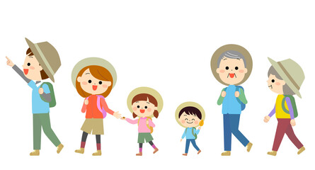 元気にハイキングへ行く家族