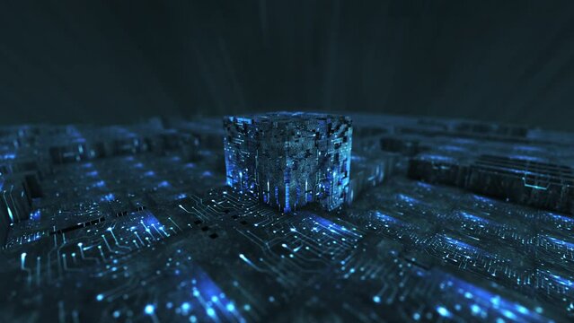 Abstract 3D visualization of many geometric blue grunge digital cubic moving loop able motion design. 4K Computer animation technology  background on dark tile background 