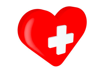 Red heart with white plus. Medicine and healthcare concept. Health care symbol isolated on white. Metaphor for health insurance. Providing medical care. Three-dimensional heart. 3d rendering.