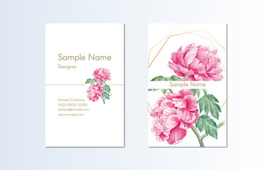 business card template design with hand painted watercolor illustration of peony flowers