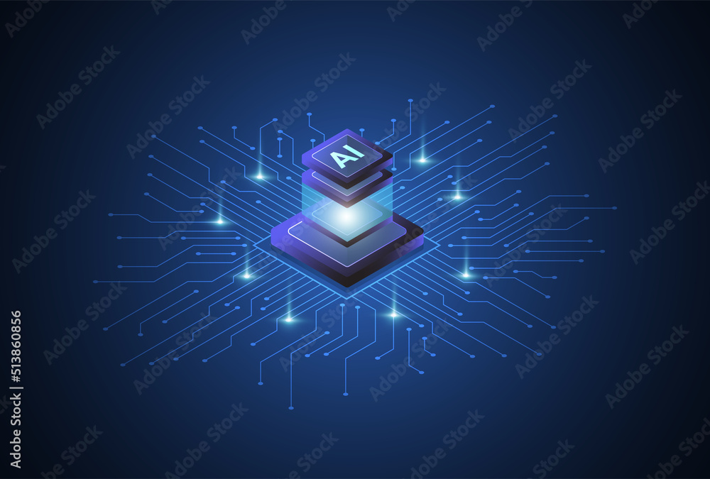 Poster artificial intelligence isometric chipset on circuit board in futuristic concept technology artwork 