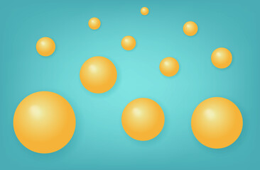 3d sphere banner. Flying abstract balls, geometric round shapes, with a glossy glow and gradient. Design template, modern, minimal green art background with yellow orbs. Bubble or liquid. Vector