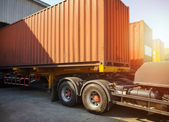 Naklejka na ściany i meble Cargo Container Trailer Parked Loading Dock at Distribution Warehouse. Shipping Trucks. Lorry. Cargo Freight Trucks Transport Logistics. 