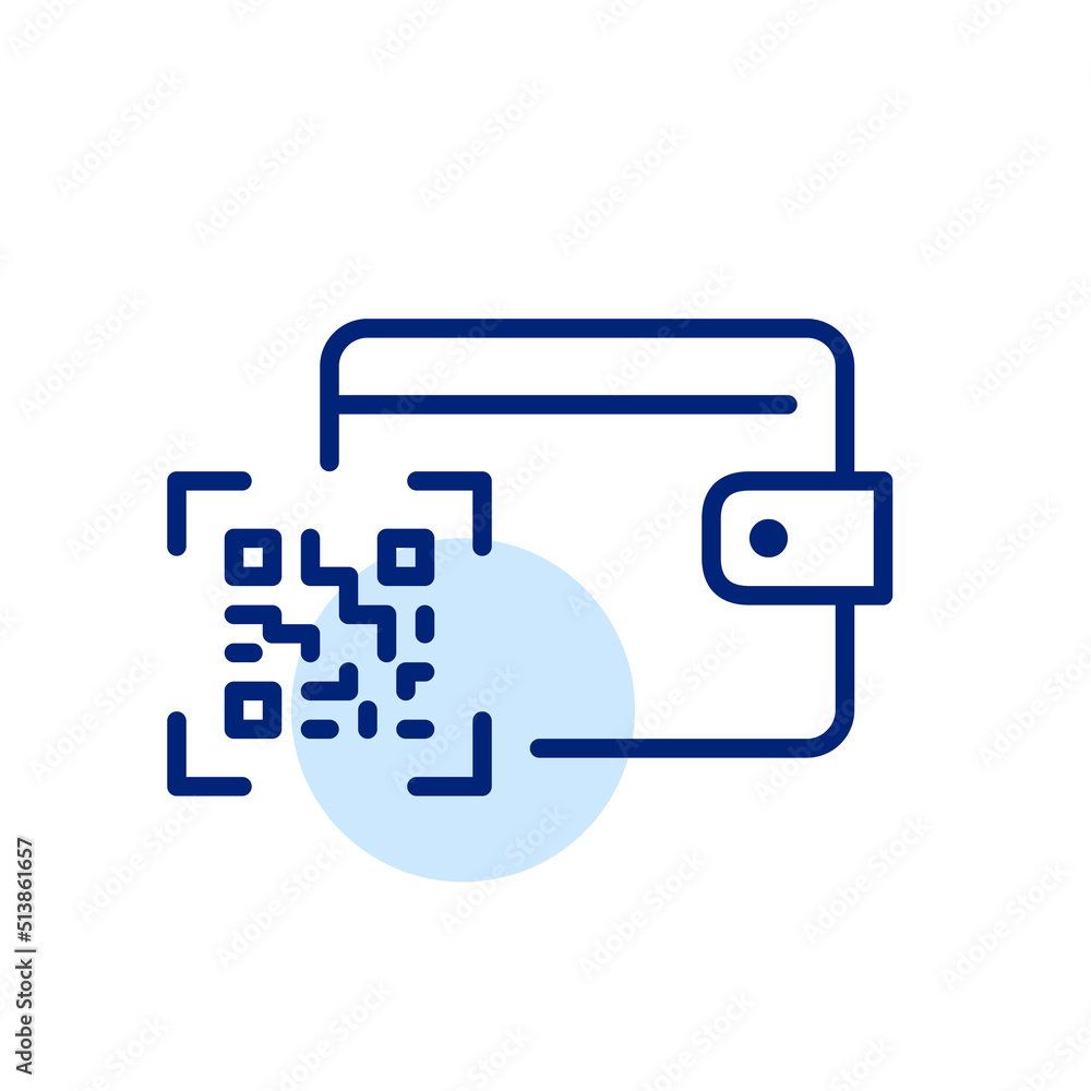 Poster qr code scanning with a wallet as a form of contactless payment. pixel perfect, editable stroke line