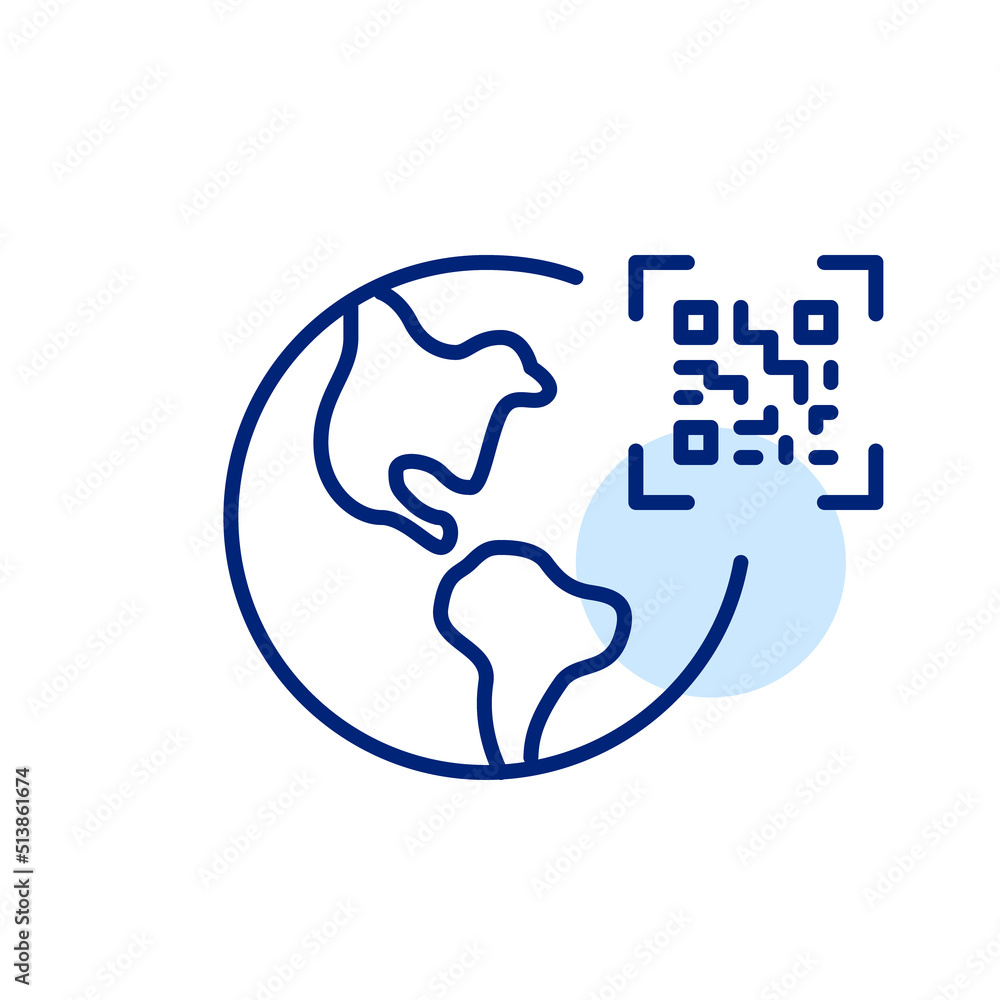 Poster qr code on a globe. global payment services. pixel perfect, editable stroke line art icon