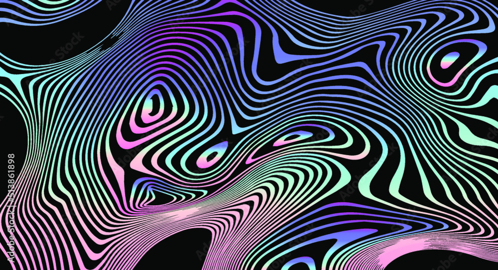 Poster abstract trippy background with with distorted and glitched pattern in holographic chrome colors.