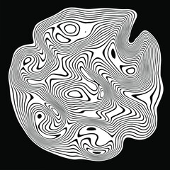 Black and white background with glitched curves and wavy lines.