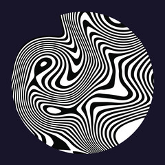 Black and white circle with glitched curves and wavy lines. Abstract geometric illustration for poster or logotype.