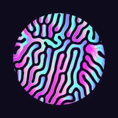 Holographic circle with glitched curves and wavy lines. Abstract geometric illustration for poster or logotype.