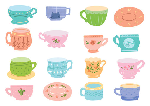 Vintage Pastel Color Tea Cup Doodles Vector Illustration