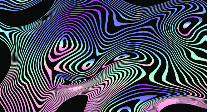 Abstract trippy background with with distorted and glitched pattern in holographic chrome colors.