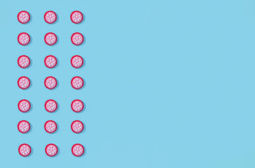 Toys in the form of food hand made of felt on blue background. Hand sewing. Minimal artistic food concept.