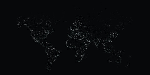 A world map made up of dots on a black background. Connection concept of people on earth. Vector illustration. 