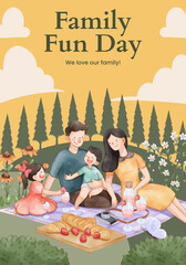 Poster template with family fun day concept,watercolor style
