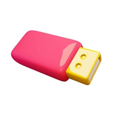 3d render flash drive. Rendering illustration of pink memory card isolated on white background. Cartoon design. Micro usb transfer sign. Portable storage disk. Computer hardware for copy, save files. 