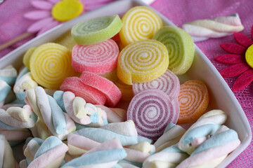 Multi-colored FRUIT FLAVOUR fluffy marshmallows, Tasty, Colorful Marshmallows.