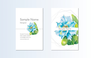 business card template design with hand painted watercolor illustration of blue poppy

