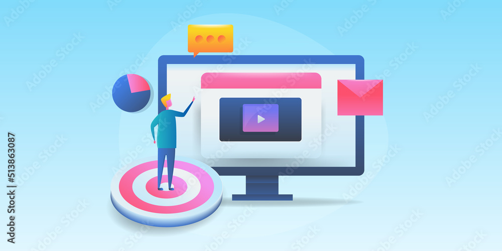 Poster 3d style - customer targeting on internet digital marketing strategy video ads on social media. emai