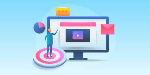 3d style - Customer targeting on internet digital marketing strategy video ads on social media. email communication web vector illustration.