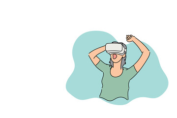 woman dumbfounded looking something gigantic in VR wolrd. Flat vector illustration design