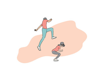 Young couple doing activity with VR. Woman doing squat and Man jumping over. Flat design illustration