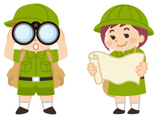 捜索する探検隊の子供　ボーイスカウト　冒険　アウトドア
