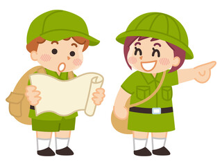 捜索する探検隊の子供　ボーイスカウト　冒険　アウトドア